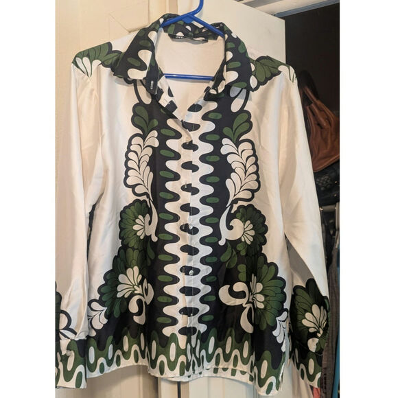 Zara long sleeve silky beige button front green floral trim blouse top SZ Large - Picture 4 of 7